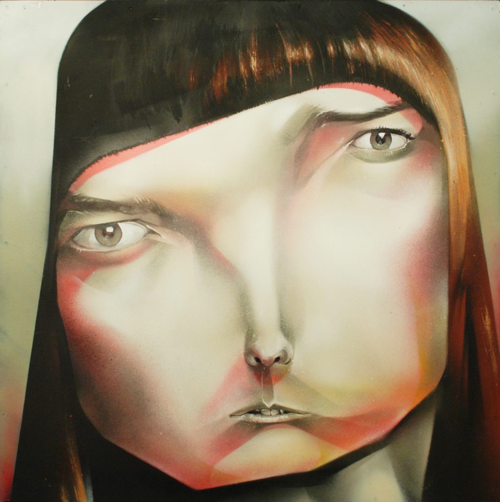 Abstract and distorted painting of a woman's face with large eyes, a small mouth, and brown hair with bangs.