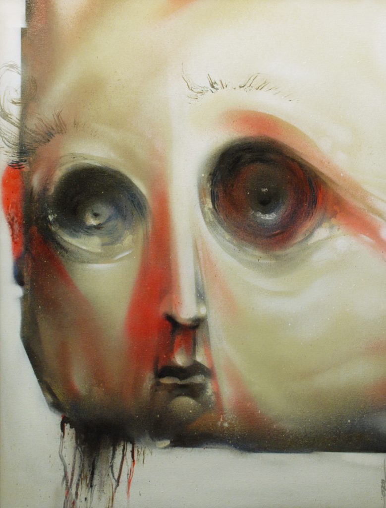Abstract painting of a distorted face with large circular eyes and various areas of red shading.