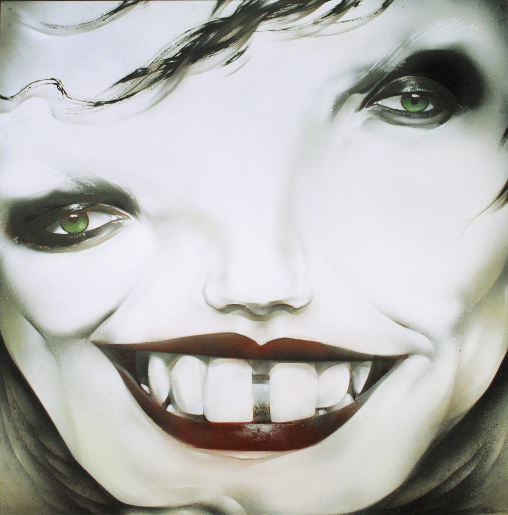 Abstract painting of woman with large mouth and teeth, crooked green eyes lined with dark shadow, and wisps of dark hair.