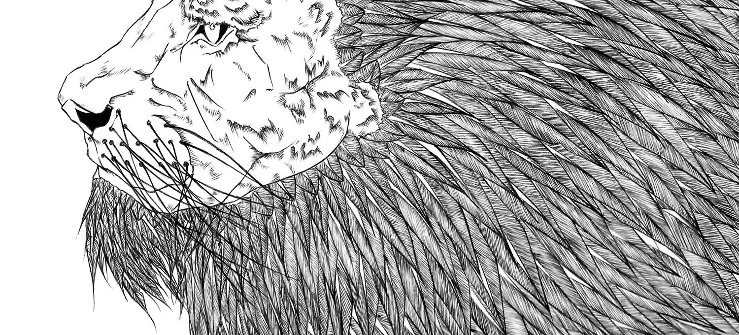 Detailed illustration of a lion's face and mane.