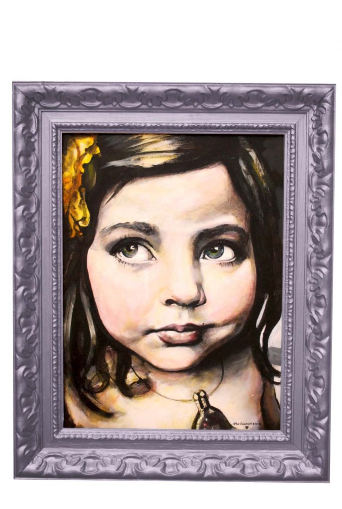 Painting of a young girl's face looking upward with a yellow flower in her hair.