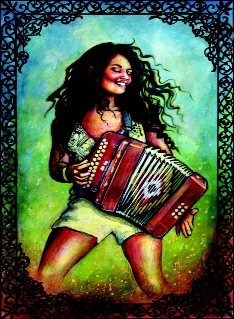 Illustration of woman with flowing curly hair playing an accordion.