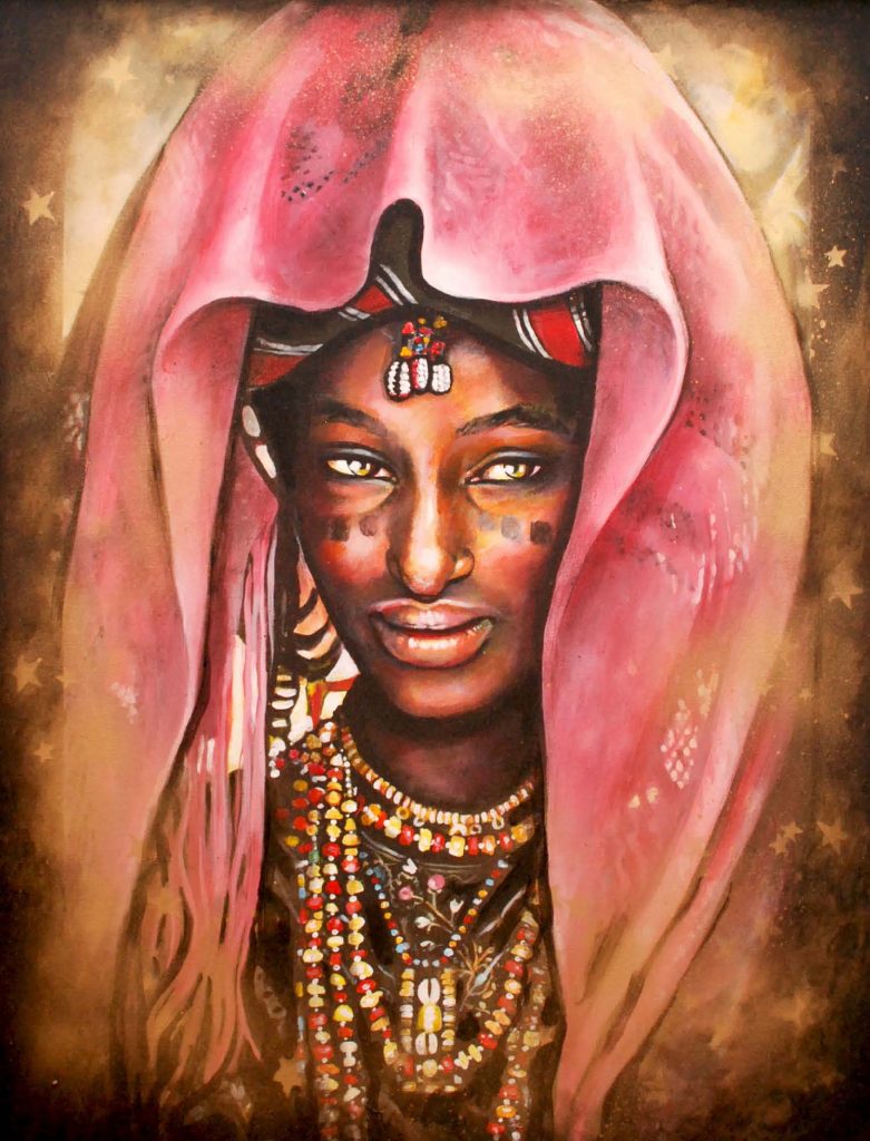 Acrylic painting of woman draped with beads and a pink cloth across her head.