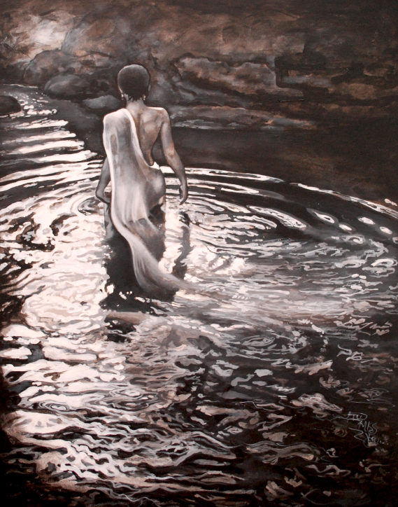 Acrylic painting of a woman facing away from viewer, draped with a sheer cloth, standing in the water.