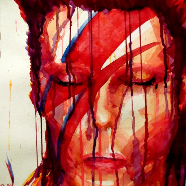 Abstract watercolor painting of David Bowie with his signature lightning bolt face paint.