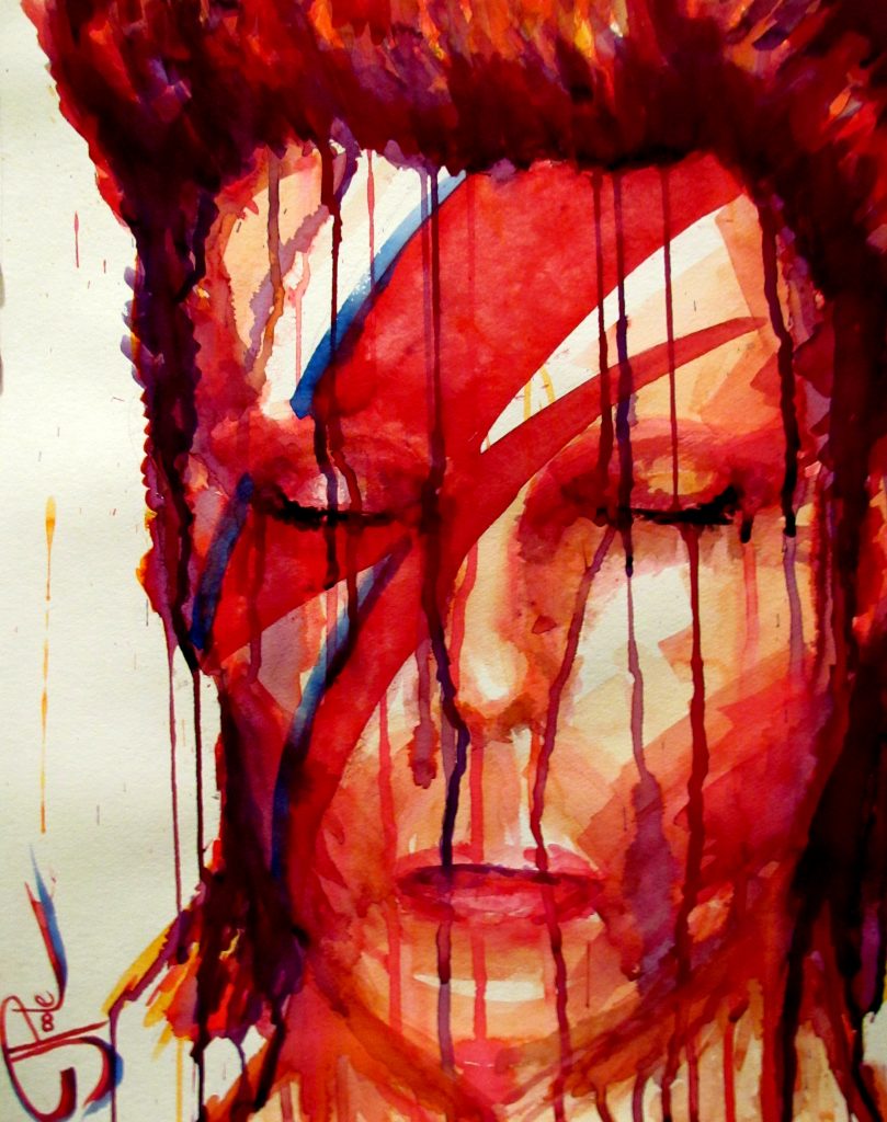 Abstract watercolor painting of David Bowie with his signature lightning bolt face paint.