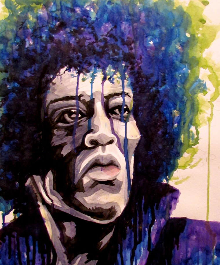 Abstract watercolor painting of Jimi Hendrix