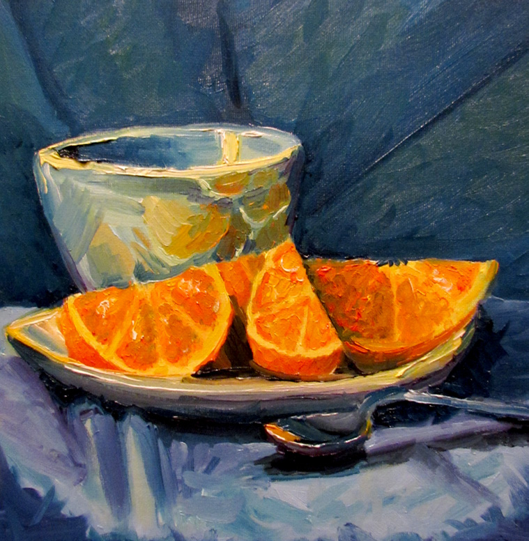 Still life oil painting featuring orange slices beside a cup.