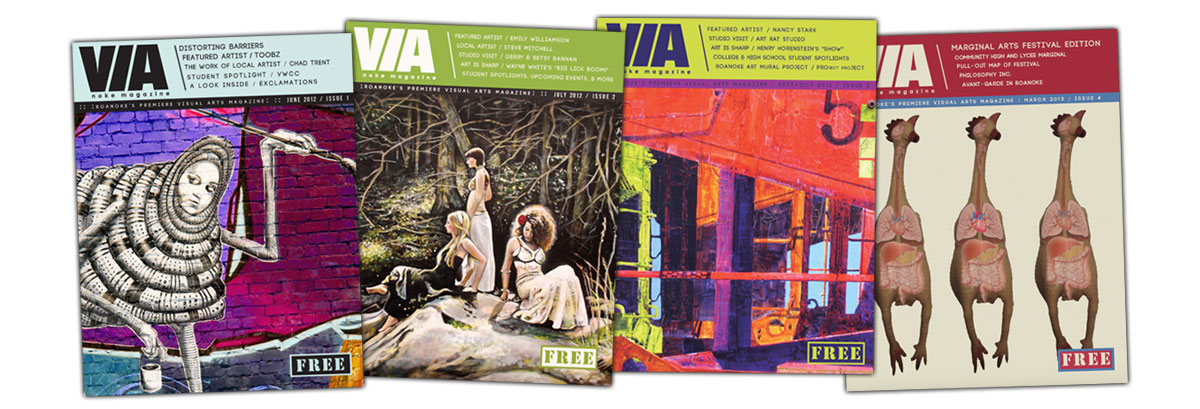 Four different magazine covers show the original editions of VIA Noke Magazine